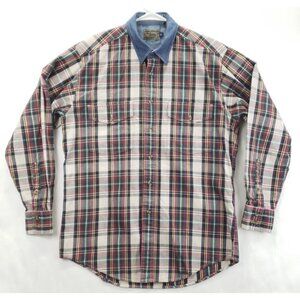 Vintage Roper Shirt Mens Medium Blue Red White Green Western Plaid Button-Up